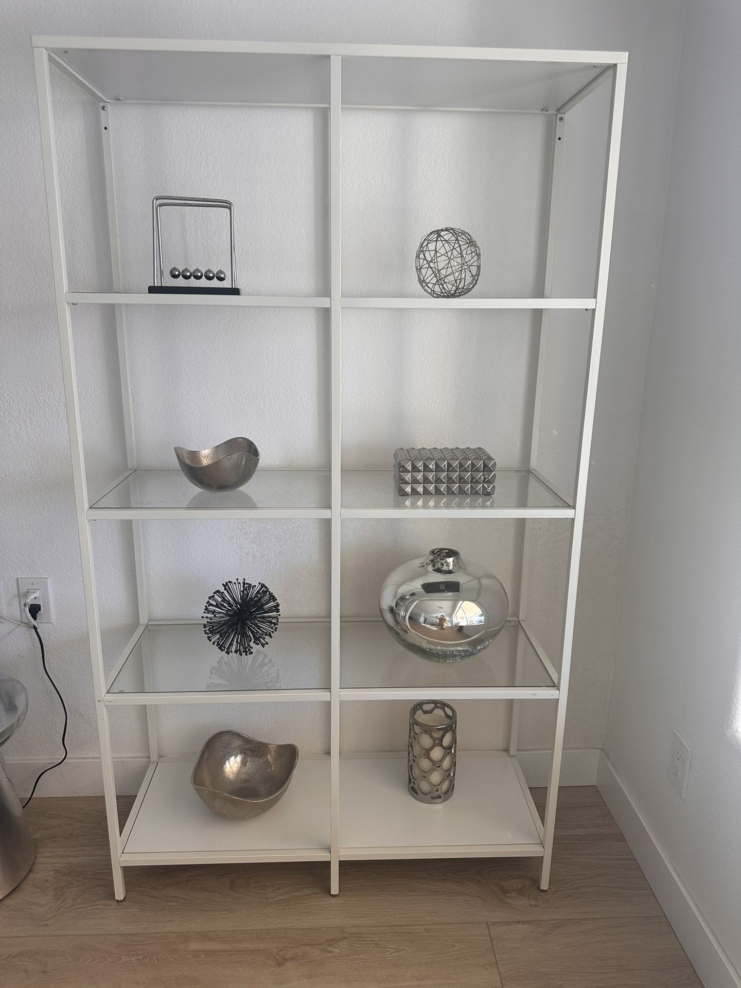 Set of 2 Modern White Metal + Glass Bookcases — $180 (Both)