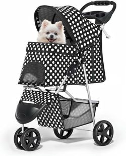 3 Wheels Pet Dog Cat Stroller for Small Medium Dogs Cats, Foldable Jogger Stroller w/Storage Basket and Cup Holder, Black Polka Dots