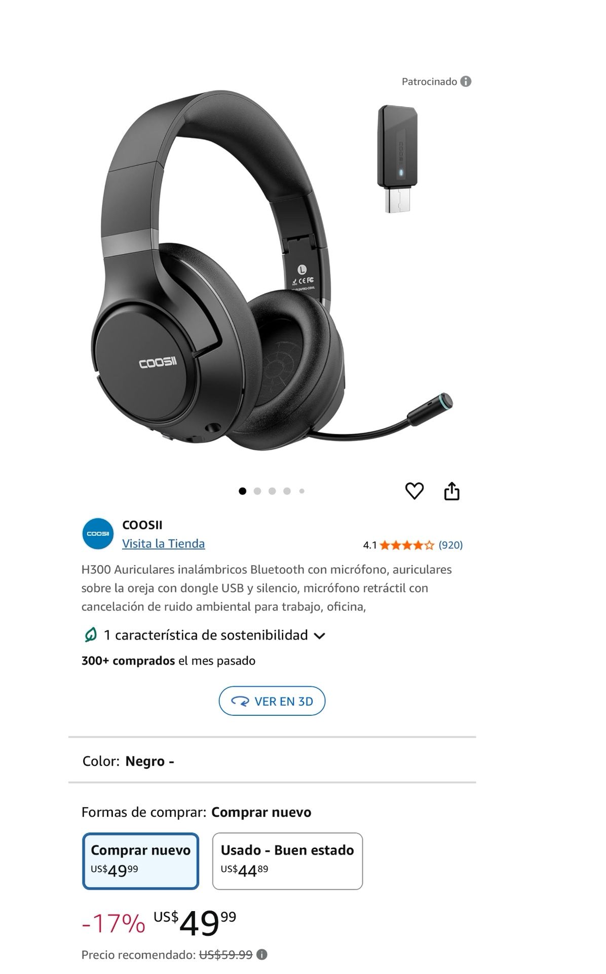 H300 Wireless Bluetooth Headphones with Microphone, Over-Ear Headphones with USB Dongle and Mute, Retractable Mic with Ambient Noise Cancelling for Wo
