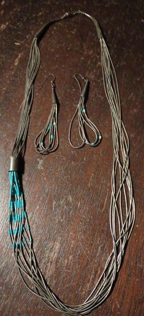Early Navajo Liquid Silver & Turquoise necklace and earrings