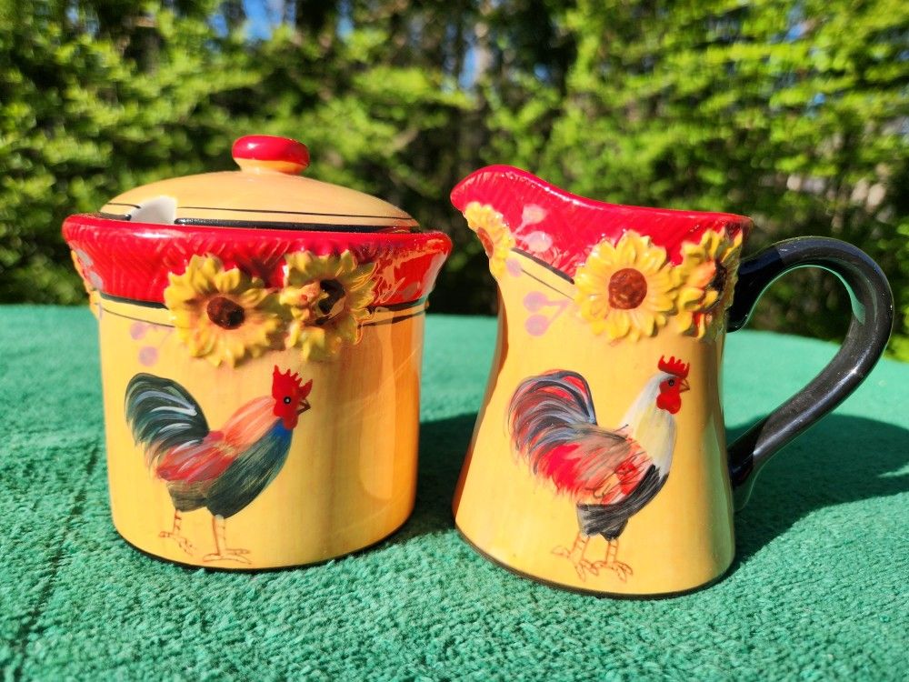 Bella Casa by Ganz Rooster / Chicken Sunflower Farmhouse Creamer & Sugar Bowl Set