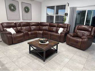 Beautiful Genuine Brown Leather Power Reclining Sectional Couch W/ Matching Power Reclining Chair