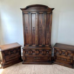 Vintage 1970s Armoire Dresser with Matching Night Tables