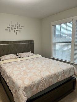 Queen Bed Frame Wood Platform  Dark Finish Modern and Mattress