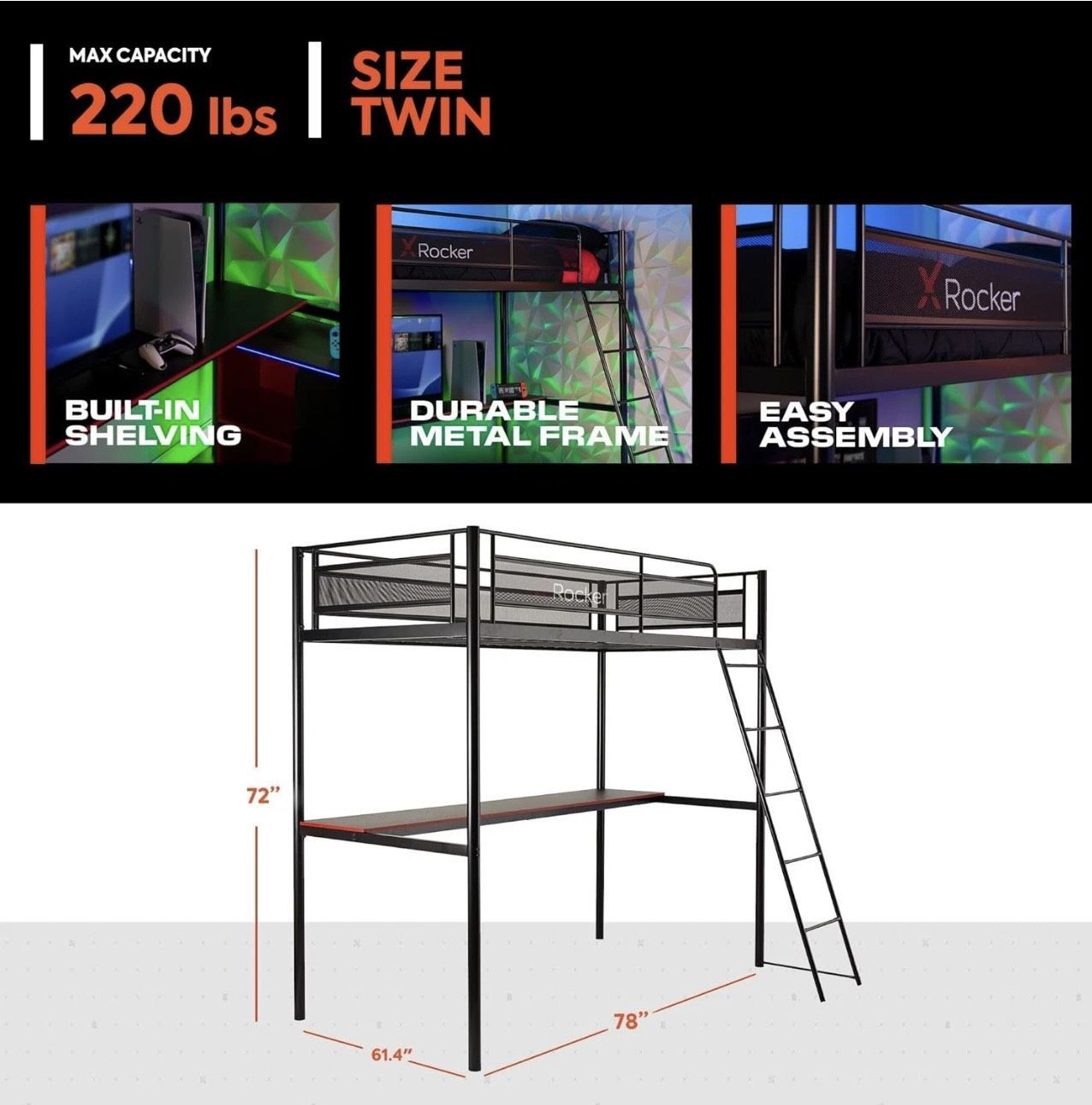 Bed Up Top With Desk Underneath.