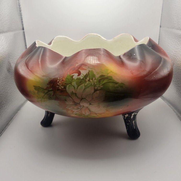 Vintage Hand Painted USONA Goodwin Nut Bowl 3 Footed Ruffled Edge 10" Diam