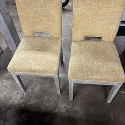 4 Yellow Fabric White Wash Wood Dining Chairs