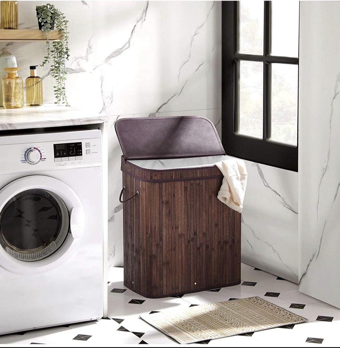 Laundry Hamper with Lid, Bamboo Laundry Basket with Handles, Foldable Storage Basket for Laundry Room, Bedroom, 100L, Black Brand SONGMICS C
