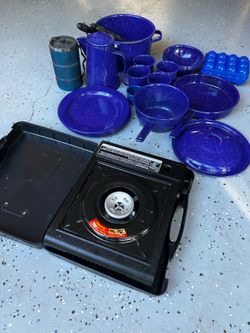 Vintage Blue Enamel Speckled Camping cookware + more.