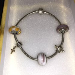 PANDORA SILVER BRACELET W/ 5 Silver Charms 8in Length