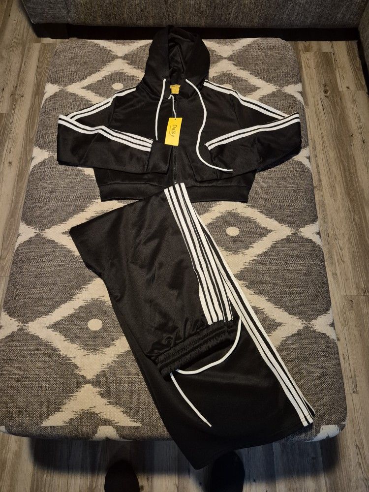 Contrast Trim Hooded Zip Front Cropped Hoodie And Pants Set - Size L