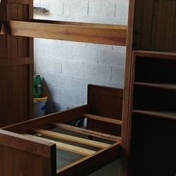 Vintage 1980 This end up Loft Bunk bed With Extra Twin Bed , Book Shelf And Drawers 