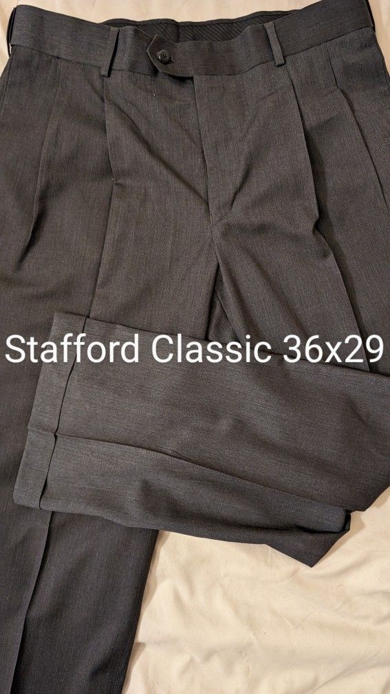NEW Mens Stafford Dress Pleated Pants 36x29. Dark Gray, Cuffs, 65% Polyester, 35% Viscose, 4 Pocket, Rear Buttoned, Built In Change Pocket.