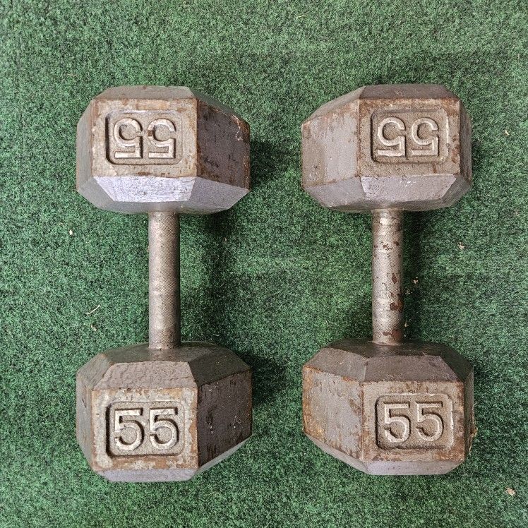 Pair of 55 lb Hex Dumbbells – Solid Cast Iron
