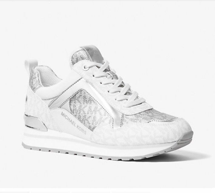 MICHAEL KORS "WILMA" COLOR-BLOCK METALLIC SILVER LOGO TRAINER SNEAKERS, SIZE 10