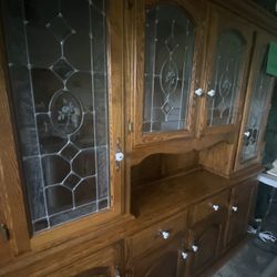 Oak And leaded Glass Lightened 2 piece China Hutch