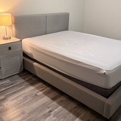 queen bed frame, queen box spring, nightstand