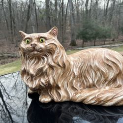Vintage MCM Tabby Painted Persian Feline Cat Sitting Laying Green Eyes. 