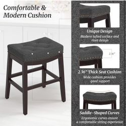 24 Inch Fabric Counter Height Bar Stools, Saddle Barstools for Kitchen Island with Nailhead Trim Tufted Button, Dark Gray