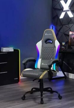 Brand NEW X Rocker LED RGB Extra Comfort Ergonomic PC Gaming Chair Gray/White/Gold