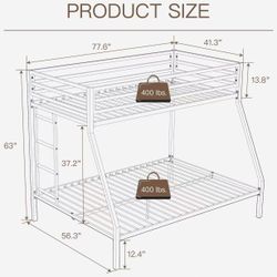 🥨Twin Over Full Size ikalido Metal Loft Bunk Bed with Safety Guardrail and Ladder, No Box Spring Needed Space Saving Bedroom Furniture, Cream White