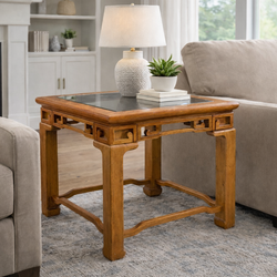 Solid Wood End Table w/ Glass Top – Classic Asian Style Accent Table