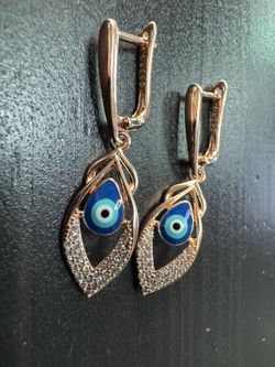 585 14K RG Rose Gold Stamped Evil Eye Blue Statement Dangle Stud Earrings