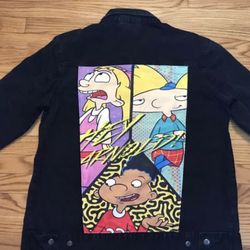 Nickelodeon Print Black denim jacket Hey Arnold Men’s sz Large New! Pick up only 