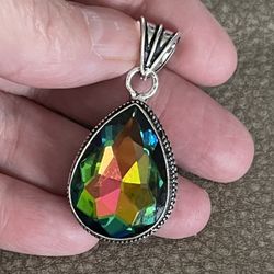Rainbow Teardrop Fire Mystic Topaz Silver 1.8” Pendant