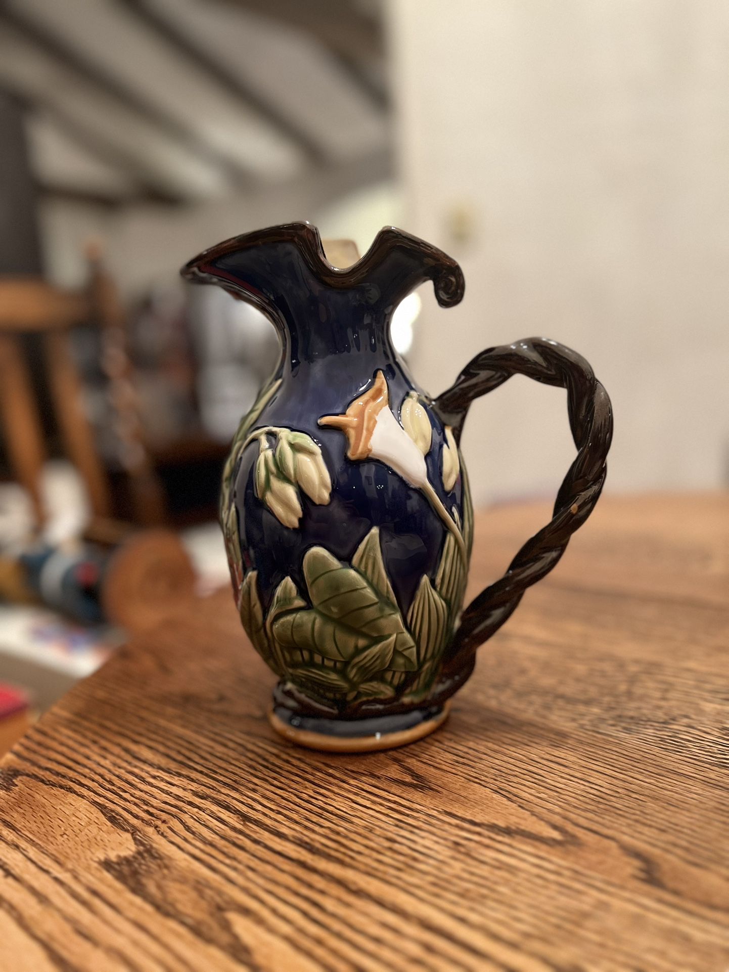 Vintage Majolica Hand-Painted Ceramic Pitcher Jug With Floral Leaf Design