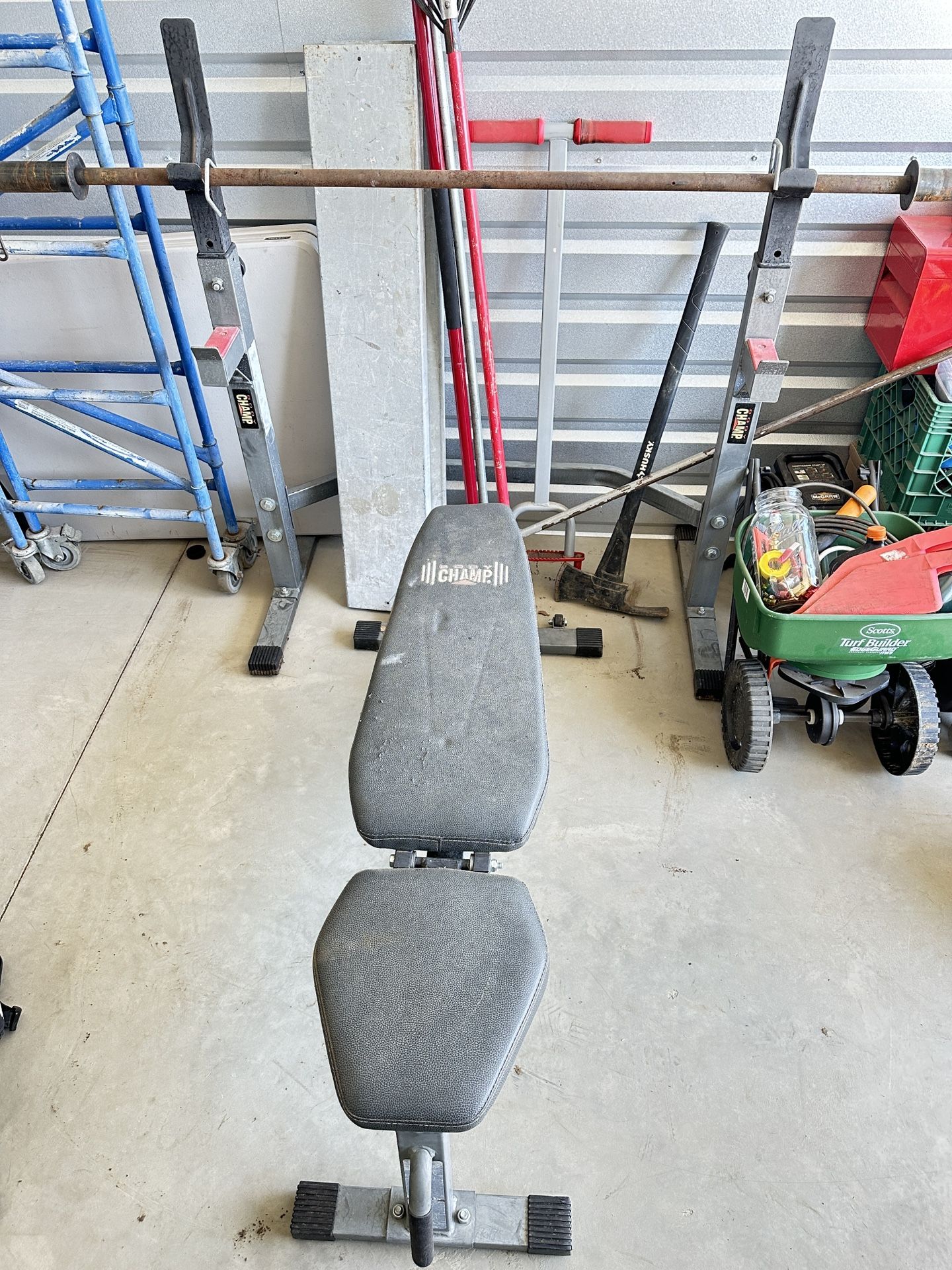 Bench Press Rack , Plus Adjustable Seat And Weights.