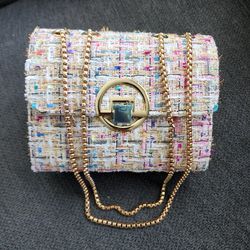 Purse, Chain Crossbody Bag, Pink Tweed Clutch