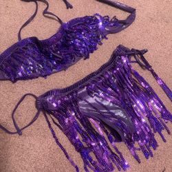 New Small Purple Metallic Rave Festival Skirt Outfit Top 