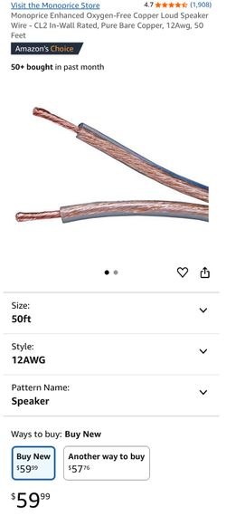 Heavy Duty Speaker Wire 12AWG CL2 Oxygen-free In Wall Rated 50ft
