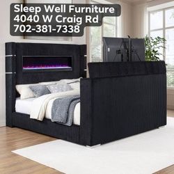 🌟Queen, King Light Up Fireplace TV Pop Up Bed Frame 💥 Furniture Sectionals Avail