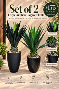 Set of 2 Large Modern Agave Plants in Black Planters – Indoor/Outdoor Decor”.