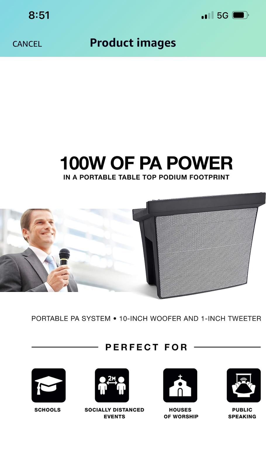 Alto Professional Presenter PA - Portable PA System with 100W PA Speaker, Built In Rechargeable Battery, Bluetooth Connectivity & Podium Style #1052