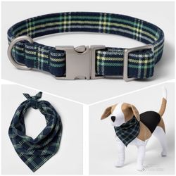 NEW Blue & Green Plaid Dog/ Cat Collar (Small) & Matching Bandanna Lot