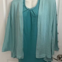 SOFT SURROUNDINGS Women 2 Pc Set Teagan Tunic Tank In Tidal Wave & Cardigan Turquoise Sz XS