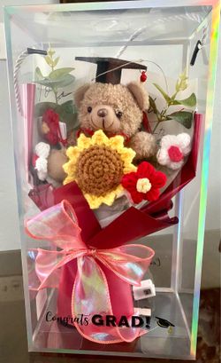 Congrats Grad Teddy Bear Gift Box w/ Crochet Flowers & Lights