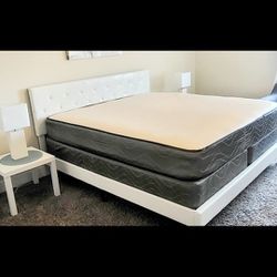 King White Platform Bed With Mattress, End Tables,  Lamps