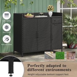#49 -48 in. W x 16 in. D x 40 in. H Wicker Black Outdoor Storage Cabinet with Tempered Glass Desktop, for Cushions/Pool Toys