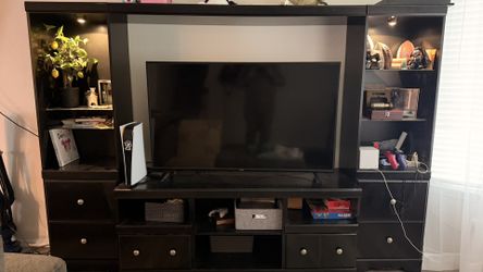 Large Black Entertainment Center w/ Glass Shelves & Lighting
