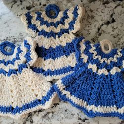 Hand Crocheted Fun And Pretty Blue potholders. $8 Each