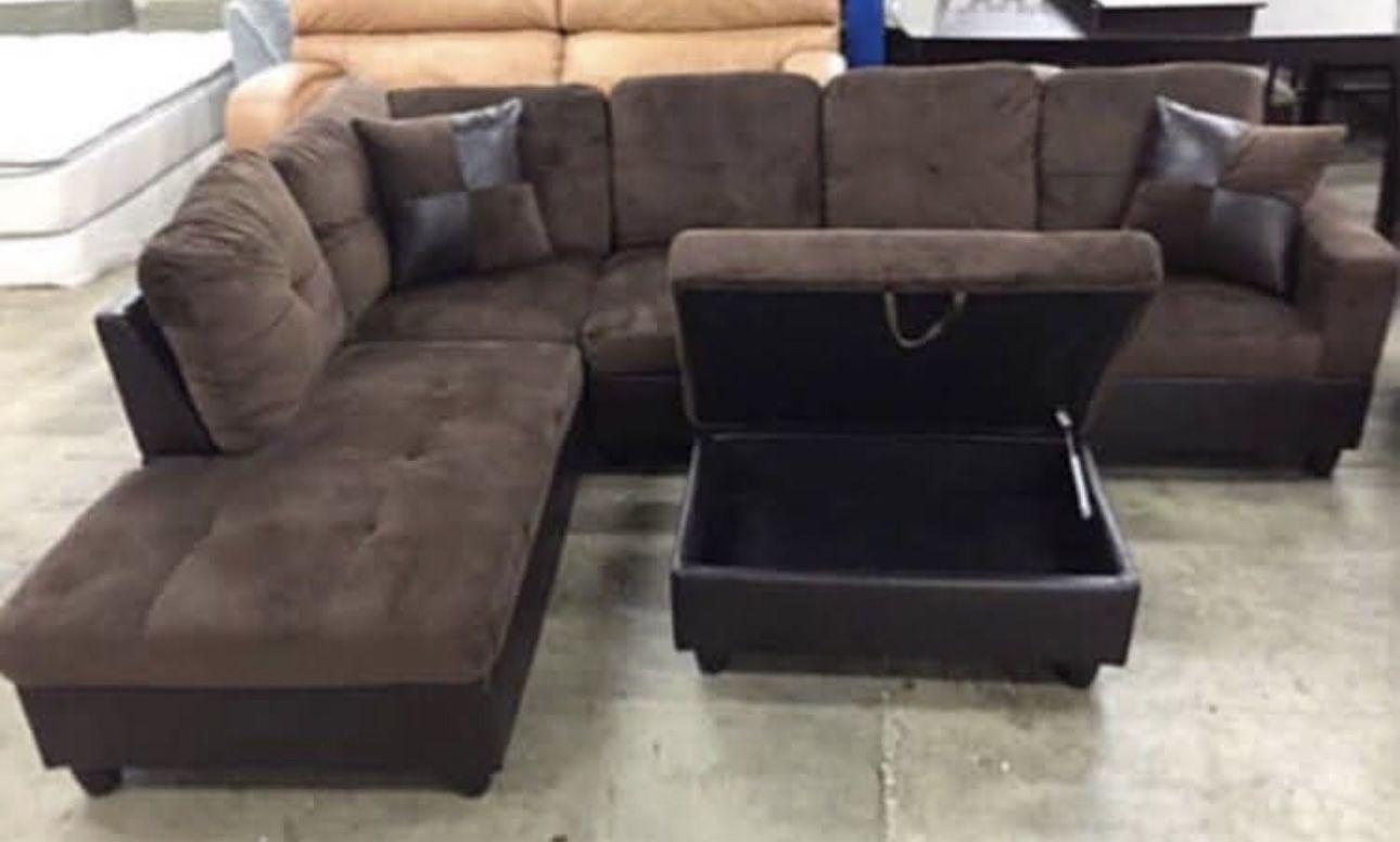 Brown Microfiber Sectional Couch And Ottoman