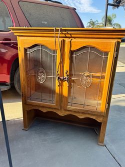 Vintage Oak Glass Door Cabinet Hutch