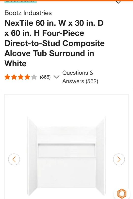 NexTile 60 in. W x 30 in. D x 60 in. H Four-Piece Direct-to-Stud Composite Alcove Tub Surround in White