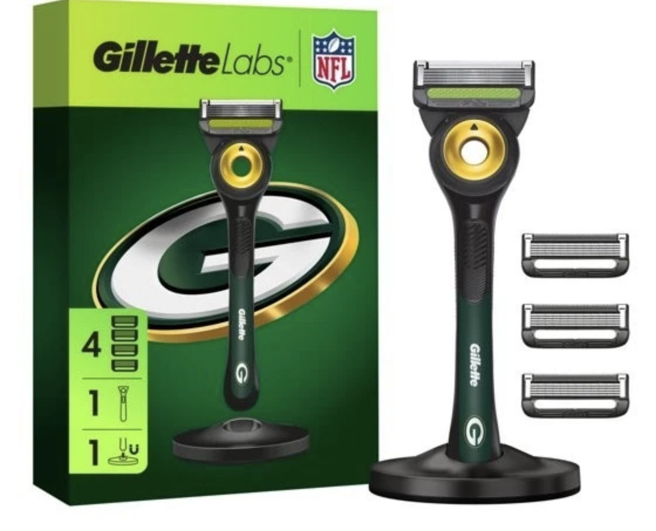 Gillette Labs Official Packers Licensed Razor for Men, 1 Handle, 4 Blade Refills