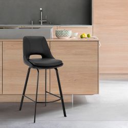 Armen Living Carise Black Faux Leather and Black Metal Swivel 30" Bar Stool