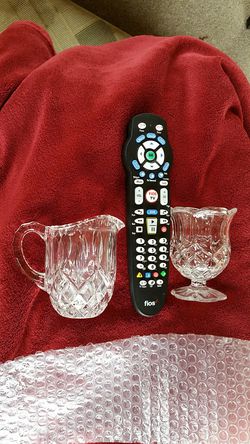 May 2022. Glass Pitcher and Drinking Cup. Very Heavy Thick Glass. 1/2 size of verizon remote control.